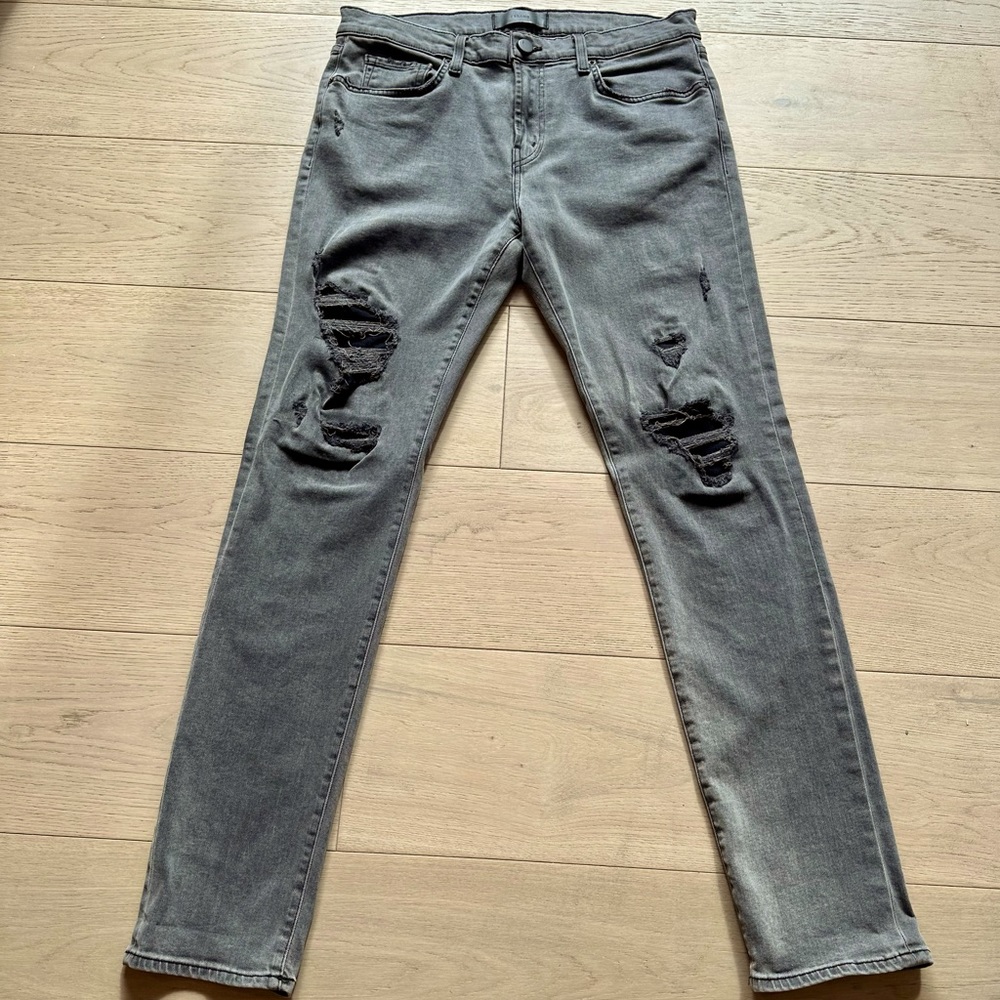 Mens J Brand Gray Denim Mick Releaved Skinny Distressed Jeans